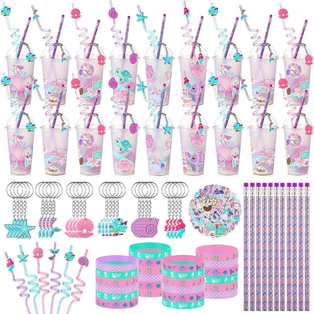 194 Pcs Mermaid Party Favors Goody Cup Fillers, Mermaid Birthday Party Decorations Straws Keychains Pencils Bracelets for Goodie Bag Stuffer, Classroom Rewards, Piata Supplies, Baby Shower