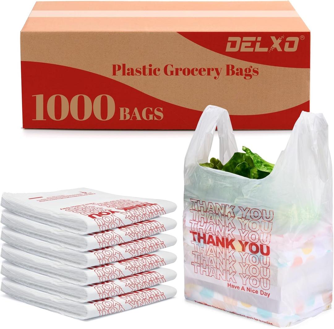 Delxo Grocery Bags Thank You Plastic T-Shirt Bag (1000 Count), White Supermarket Shopping Bags with Handles for Restaurant, Retail, To Go, Takeout, Convenience Stores 11.5 x 6.5 x 21 In