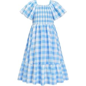LQSZ Girls Dresses Plaid Smocked Dress Girls' Short Sleeve Summer Dresses for Kids 110