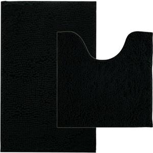 BOANKODU Bathroom Rug Sets, Absorbent Chenille Bath Rugs Non-Slip, 32x20 Inch + 20x20 Inch U Shape, Machine Washable (Black)