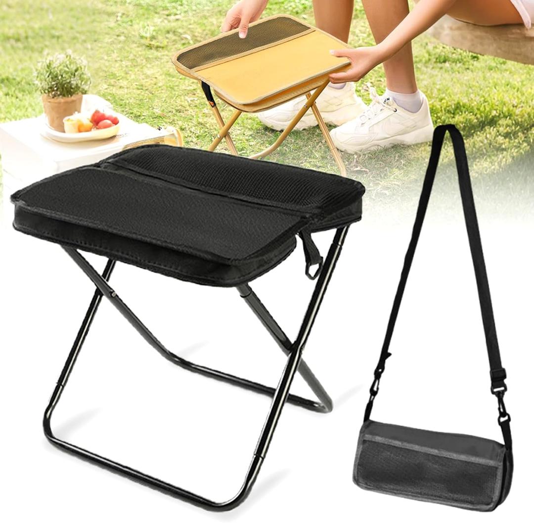 Portable Stool for Mountaineering and Hiking, 2025 New Lightweight Foldable Stool with Carrying Bag, Outdoor Footstool for Picnic Hiking Fishing (Black, Large)