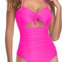 Women's One Piece Swimsuits Tummy Control Cutout High Waisted Bathing Suit Wrap Tie Back 1 Piece Swimsuit (Hot Pink, Large)