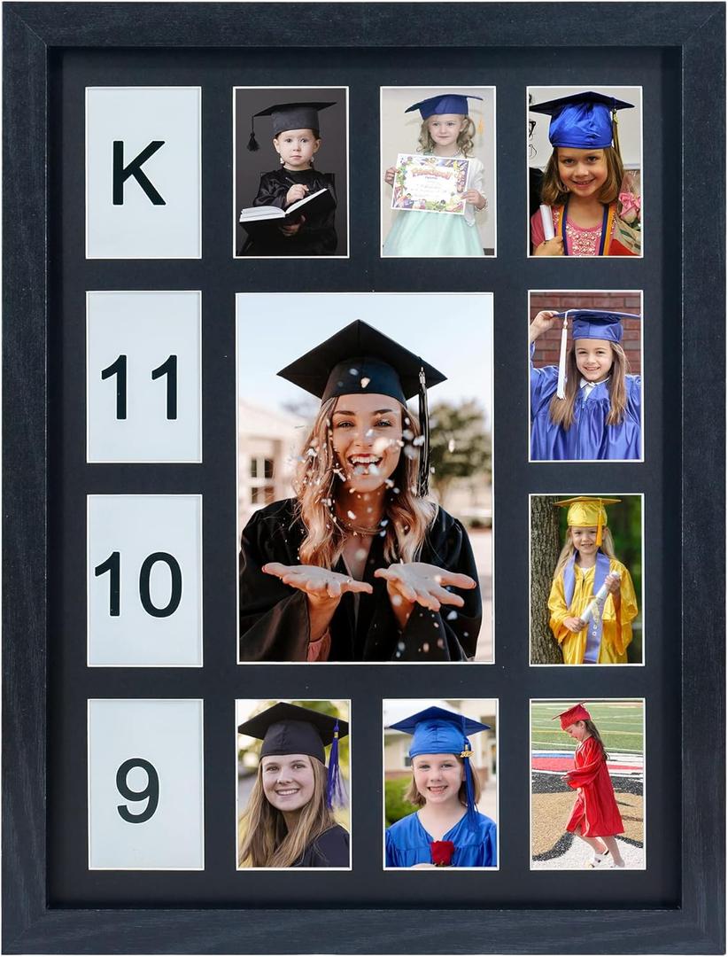 FramePro School Years Picture Frame K-12 Day Graduation Photo Collage Black Frame with Mat, Displays One 5x7 Photo and Twelve 2.5x3.5 Pictures