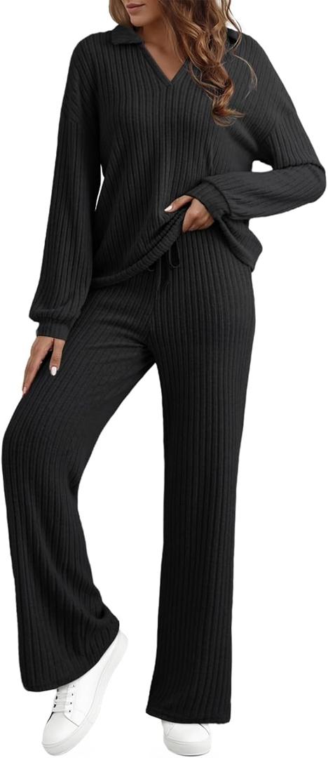 EVALESS Womens Pajama Sets Long Sleeve Sleepwear Matching Drawstring Elastic Pj Pants Ribbed Knit 2 Piece Lounge Set (Medium, Black)