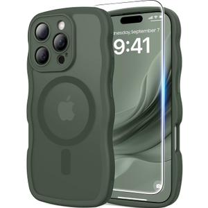 3 in 1 Magnetic for iPhone 16 Pro Max Case, Cute Wavy [Full Camera Protection] [Fit for MagSafe] 1X Screen Protector+1X Wrist Strap, Anti-Slip Women Girly Case for iPhone 16 Pro Max 6.9", Deep Green