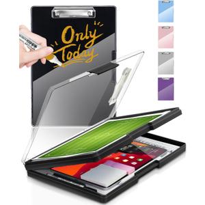 Clearview Clipboard with 2 Storage, Dry Erase 8.5x11 Heavy Duty ClipBoards - High Capacity Coaches Clip Board with Pen Holder - Side Opening Plastic Nursing Clip Case - Black