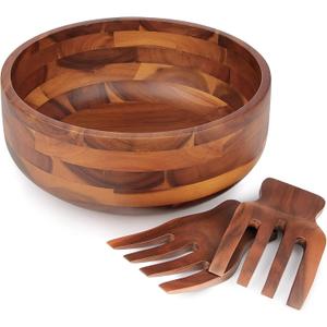 AIDEA Acacia Wood Salad Bowl Set with 2 Wooden Hands, Large Salad Bowl with Serving Utensils, Big Mixing Bowl for Fruits, Salad, Cereal, Corn flake, Pasta 11" Diameter x 4.5" Height