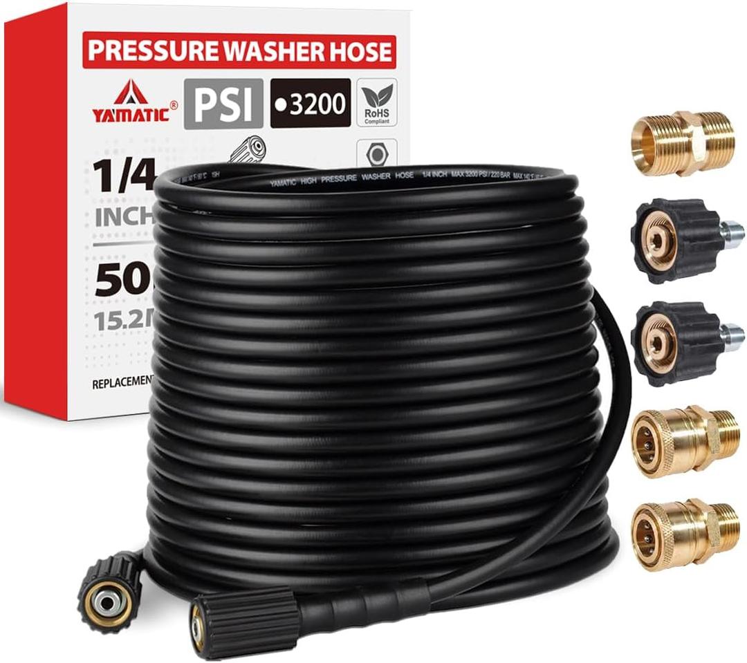 YAMATIC Pressure Washer Hose 50FT 1/4" M22 Kink Resistant Power Washer Hose Replacement for Ryobi, Troy Bilt, Greenworks, CRAFTSMAN Most Brand Power Washer with 3/8" Quick Connect Adapter, 3200 PSI