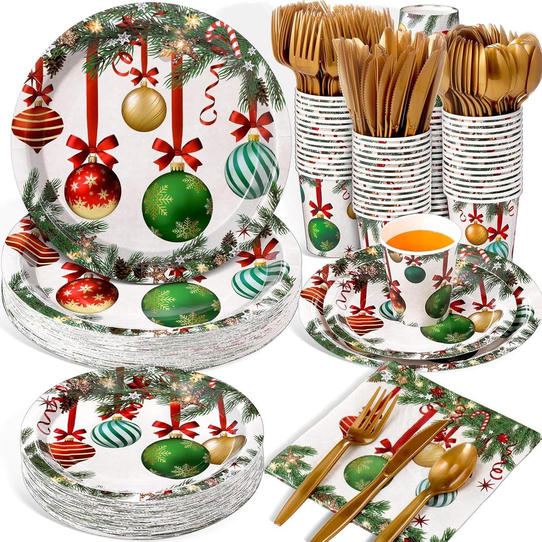 Hsei 350 Pcs Christmas Party Supplies Holiday Christmas Trees Balls Snowman Pine Cones Party Tableware Set Disposable Plates Napkins Paper Cups Plastic Cutlery for Xmas Serves 50(Xmas Ball)