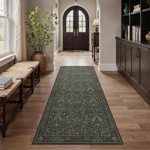 GENIMO Floral Washable Runner Rug 26x8, Non-Slip Long Hallway Carpet for Entryway, Kitchen, Indoor Floor Use, Vintage Boho Soft Thin Rug Dcor, Dark Green