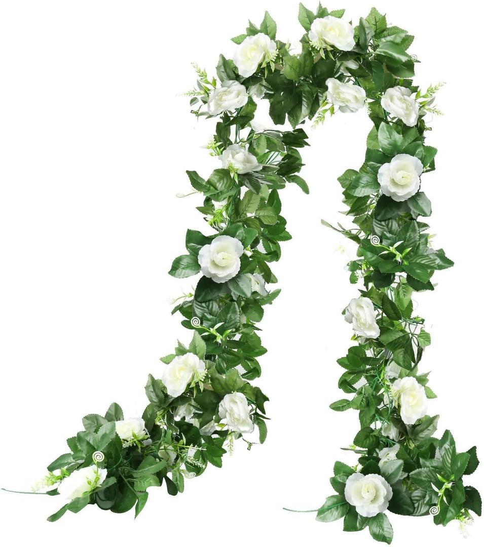 Artificial Rose Vine Silk Flower Garland Hanging Baskets Plants Home Outdoor Wedding Arch Garden Wall Decor, 2PCS (10 ft, White)