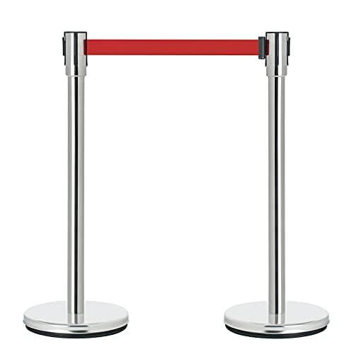 DuraSteel Crowd Control Barriers Stanchions with Retractable Belts & Sign Holder - Metal Stanchion Posts w/ 6.5ft Black Retractable Barrier Belt Ropes - Queue VIP Safety Line Dividers - Set of 6 Poles