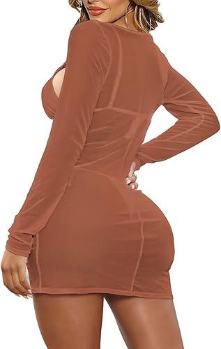 HUUSA Swimsuits Coverups for Women Long Sleeve Bathing Suit Cover Up Drawstring Mesh Sheer Dress 2025 Trendy