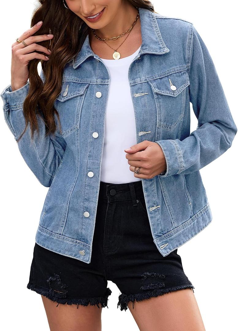 Bosmeer Women's Casual Jean Jacket Fitted Button Down Cropped Denim Jacket Long Sleeve Stretch Jean Coat with Pockets (Blue, L)