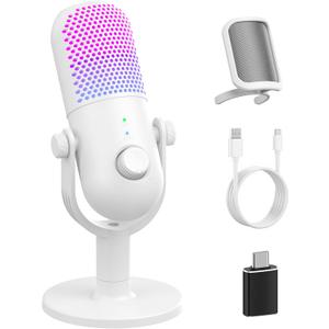 USB Microphone for PC Gaming: Condenser Microphone RGB for Gamer with Stand Mic - Recording Mic for Computer&Laptop with Qiuck Mute - Desk Podcast Mic for Podcast & Singing & Streaming & Youtube White