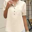Cicy Bell Womens Puff Sleeve Tops Button Down Shirts Summer Casual Collared V Neck Cotton Blouse Beige XL