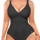 SHAPELLX One Piece Tummy Control Swimsuit V Neck Slimming Bathing Suit for Women Lace-Up Back Ruched Shapewear Swimwear XL
