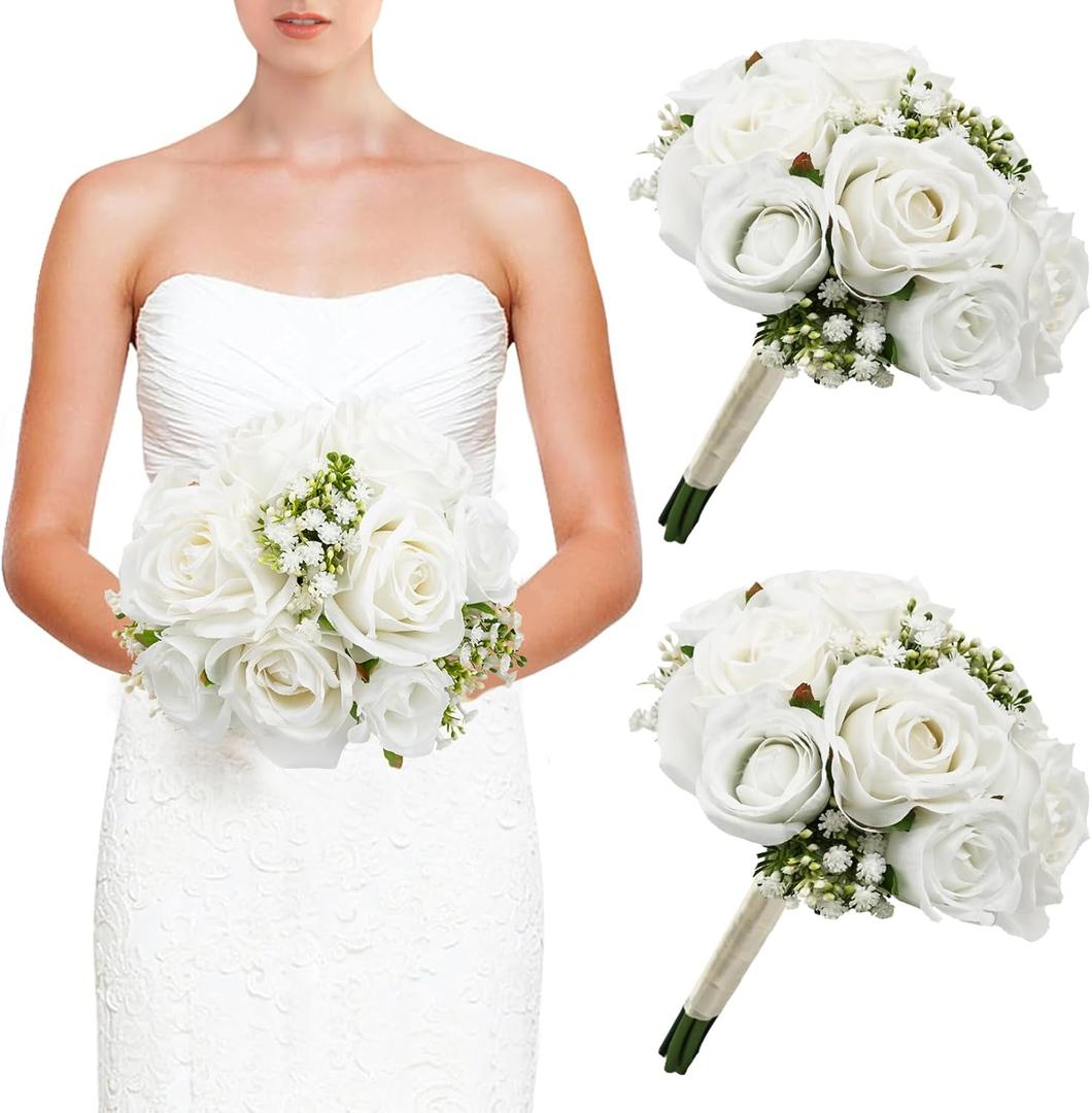 Wedding Bridesmaid Bouquets Set of 2, Artificial Silk Flowers Arrangement for Ceremony Marriage Proposal Party Anniversary Decorations - White