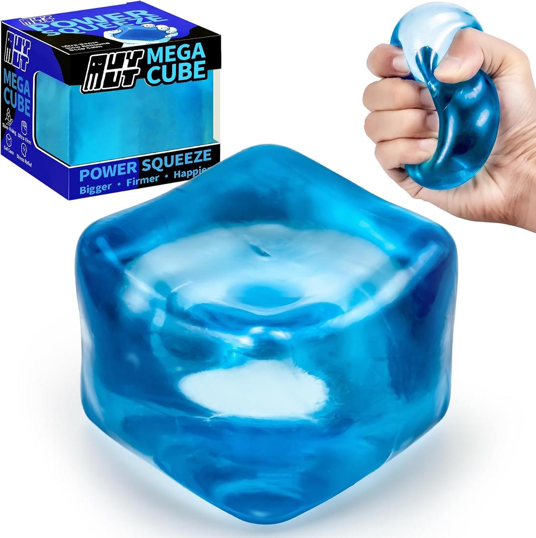 Premium MEGA Cube Extra Large Ultra-Firm Gel Squishy Fidget Toy | Stress Balls for Adults with Non-Sticky, Odor-Free Shell & Reinforced Dual Leak-Proof Seals for Heavy-Duty Use | 1-Pack Blue