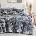 Fluffy Queen Size Comforter 3 PCS - Tie Dye Black Fleece Bedding Set, 3 Pieces-Queen