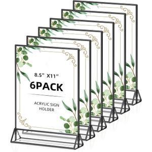 8.5x11 Picture Frame Black Acrylic Sign Holder Double-Sided Display Stand for Wedding Signs Table Numbers Menu Holders Pack of 6