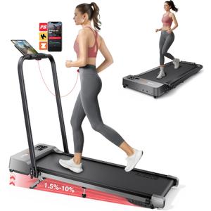 2-in-1 Foldable Treadmill with 3-Level 10% Incline, Walking Pad for Home Small Office, Compact Portable Under Desk Treadmill with Handle,Dual LED Display, APP & Remote, 300 lbs Capacity (Gray)