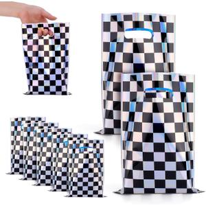 2 x XIHIRCD 50pcs Race Car Party Favor Bags, Holographic Black and White Race Cars Goodie Bags Iridescent Checkered Gift Bags Checkered Candy Treat Bags for Race Car Birthday Party Supplies