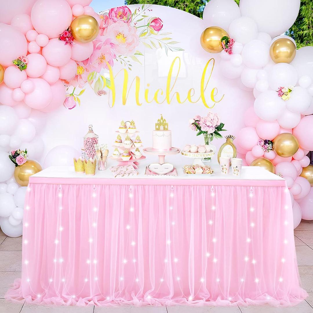 Pink Table Skirt 6FT Tulle Table Skirting 2 Layer Rectangle Pink Tutu Tablecloth for Birthday Baby Shower Wedding (6 ft x 30 in, Pink + Led Light)