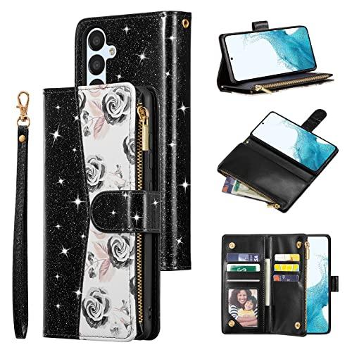 UEEBAI Wallet Case for Samsung Galaxy S25 FE 5G, PU Leather Wallet Magnetic Closure Handbag Zipper Pocket Cover Kickstand Card Slots with Hand Strap Rose Flip Case for Women - Bling Black
