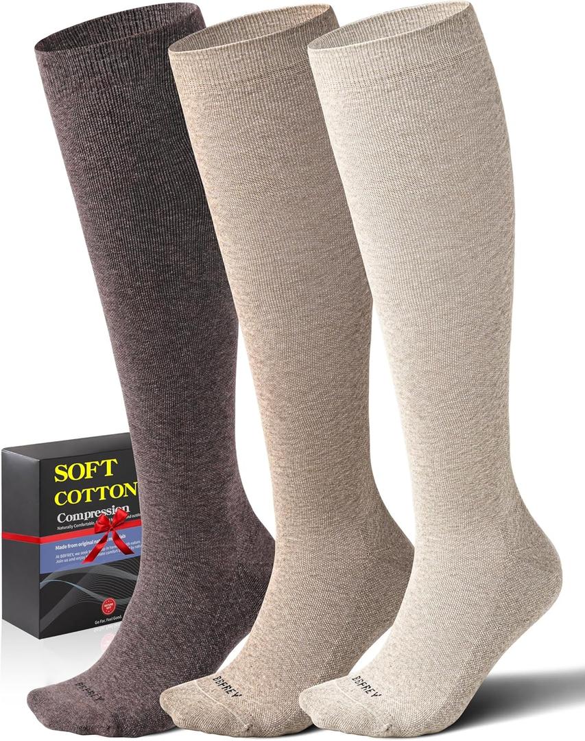 Soft Cotton Compression Socks for Women Men 20-30mmHg - Knee High Support for Circulation, Nurses, Pregnancy, Travel (Medium-Large, 3 Pairs - Natural Land)