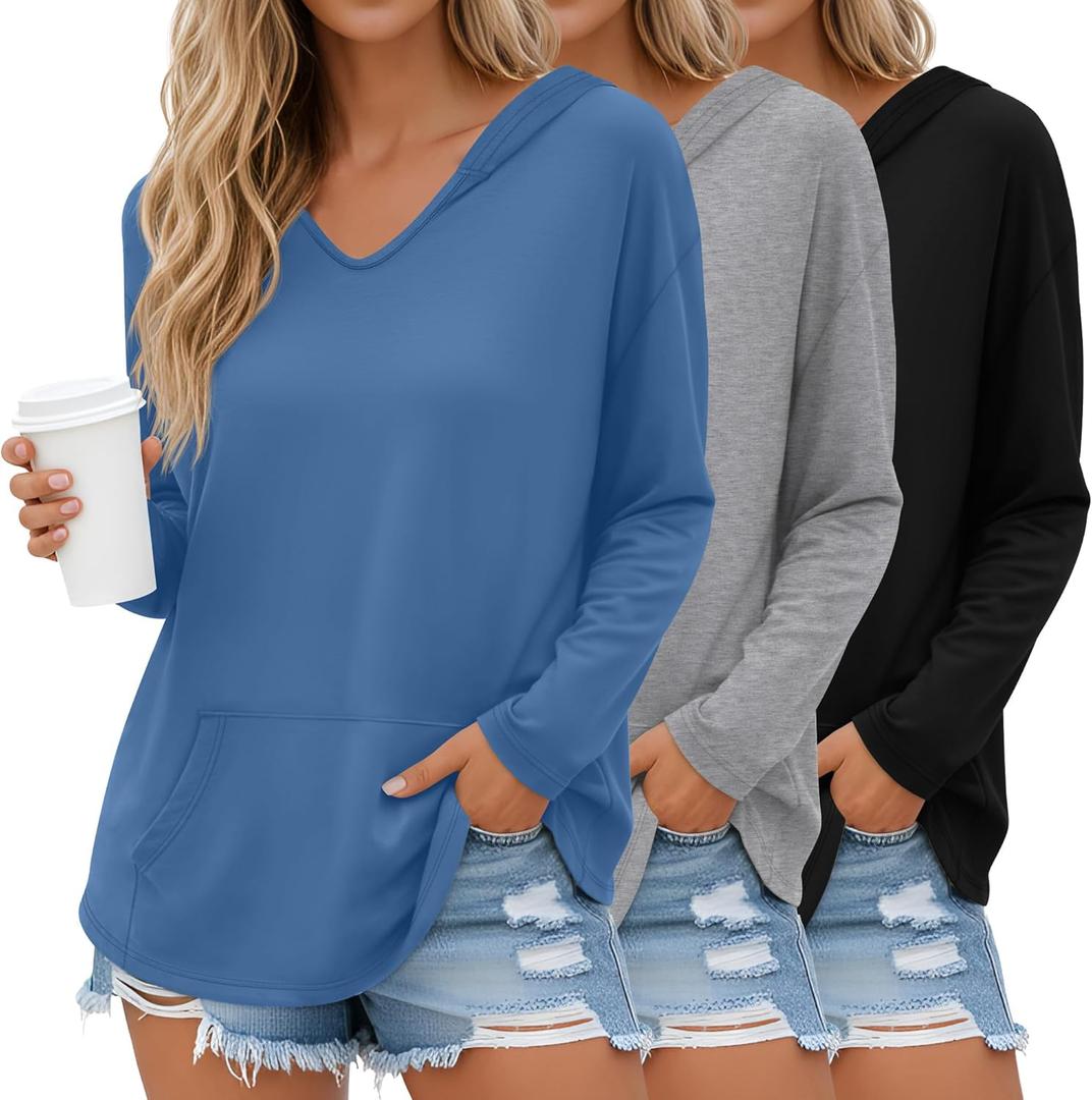 Evervibe 3 Pack Women's Long Sleeve Hoodies V Neck Curved Hem Sweatshirts Casual Loose Fit Lightweight Workout Fall Pullovers (Medium, Haze Blue, Gray, Black)