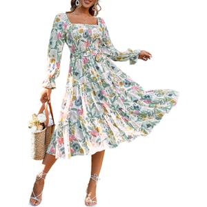 Amegoya Women's Boho Flowy Long Sleeve Square Neck Floral Midi Dress Smocked Spring Fall Wedding Guest Dresses (Green, S)