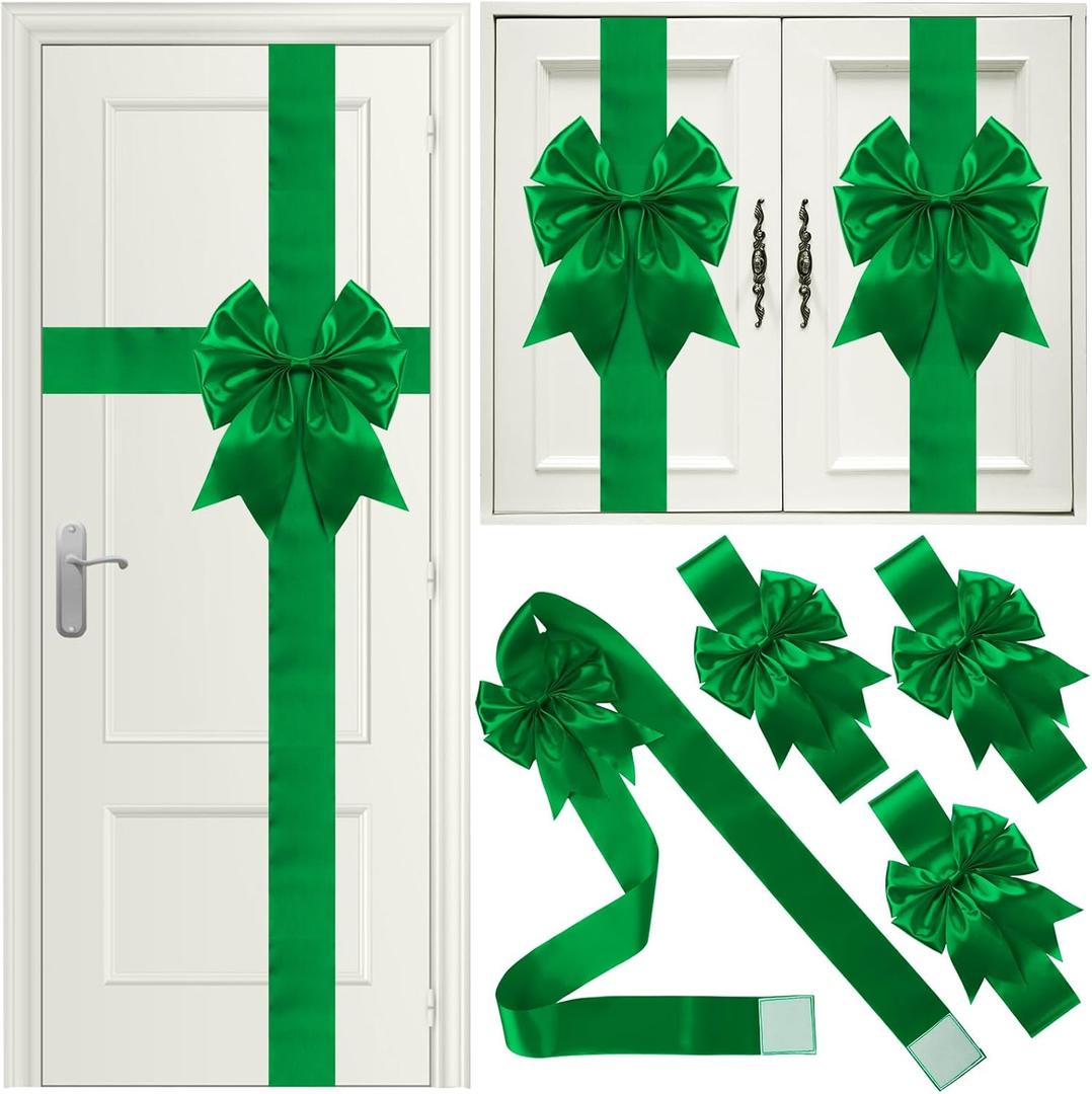 7 Pieces Christmas Cabinet Door Ribbon Bow Large Christmas Door Bow Christmas Cabinet Festive Ribbons Cabinet Bows Christmas Tree Bow Christmas Wreath Bow (Green)