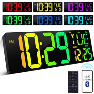 CYMHCHL Large Digital Wall Clock 17.2" Bluetooth Auto Time Sync Led Digital Clock Large Display 11 RGB Colors Auto-Dimming/DST Big Timer with Remote Control for Living Room Classroom Decor Garage Gym