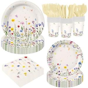 168Pcs Wildflower Party Supplies Baby in Bloom Baby Shower Decorations Paper Plates Napkins Cups Cutlery for Wildflower Baby Shower Decorations Serve 24 Guests