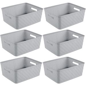 Sterilite 6 Pack Plastic Storage Bin Organization Containers, Short Baskets, Cement