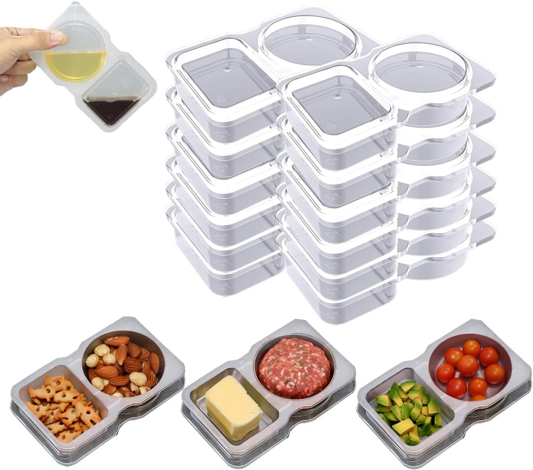 Reusable Snack Containers, 2-Compartment Dipping Containers with Lid for Refrigeration, Portion Control, Outdoor Takeaway Sauce Dip Case (12)