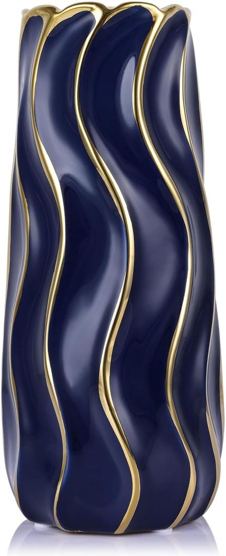 9.5" Blue Ceramic Vase - Minimalist Blue and Gold Flower Vase, Blue Decor Large Pampas Grass Vase, Boho Decorative Centerpiece Vase for Home Decor, Table, Shelf, Mantel, and Entryway (Medium)