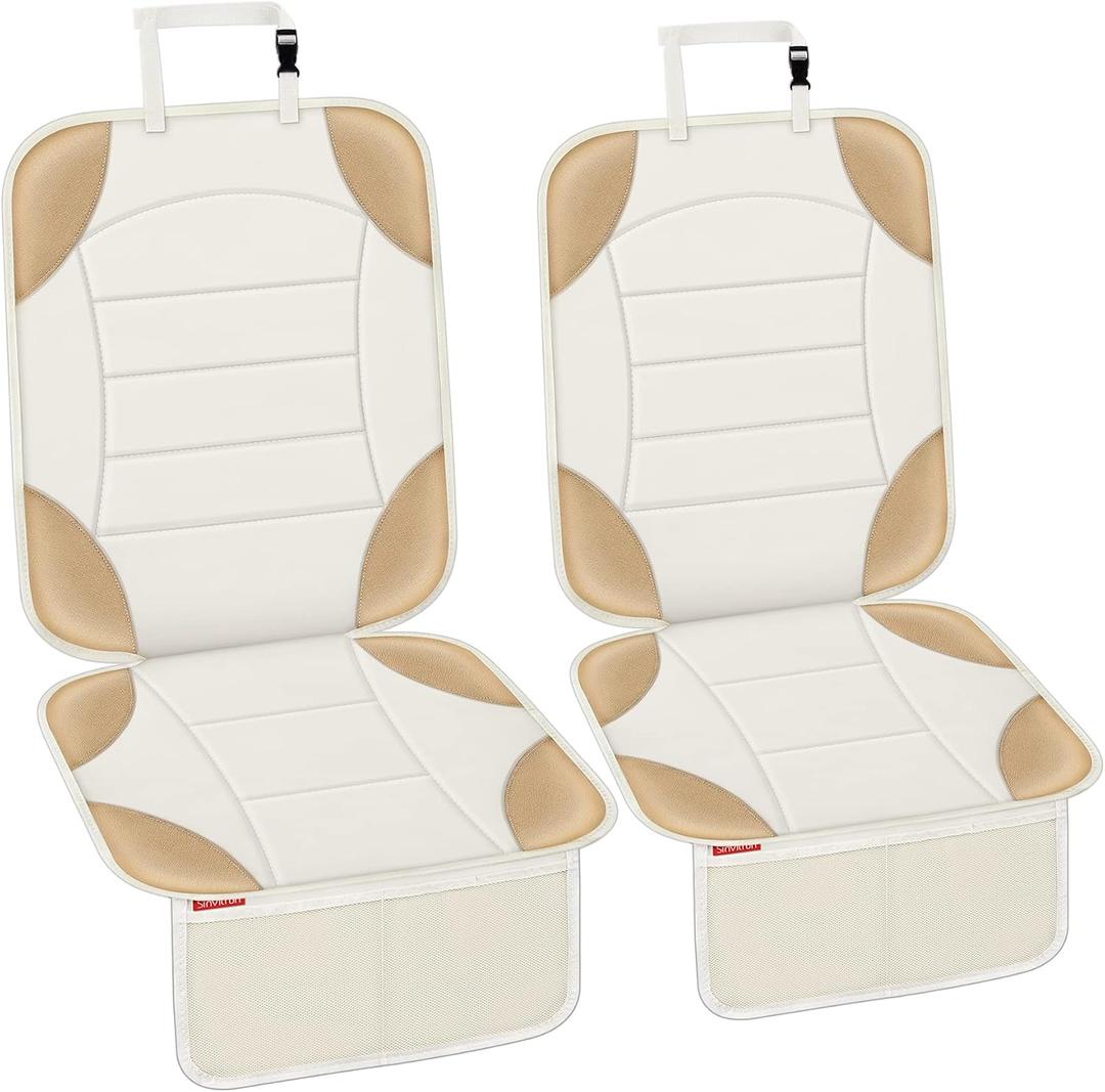 Sinvitron Car Seat Protector for Child Car Seat - Waterproof Non-Slip Leather Mat with 2 Mesh Pockets, Universal Seat Cover for Baby, Pets & Vehicles(2-Pack,Off-White)