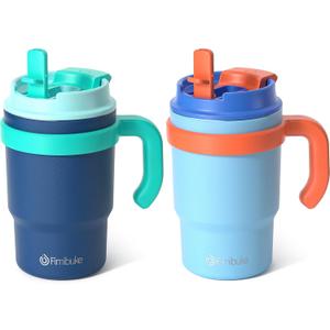 Fimibuke 16oz Kids Insulated Tumbler with Handle & Straws - 2 Pack BPA FREE 18/8 Stainless Steel Toddler Cups with Sip/Swig 2-in-1 Lids, Leak Proof Kid Drinking Cup Travel Mugs for Children Boys Girls (B2.Navy Blue & Light Blue)