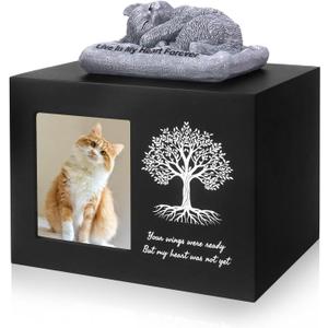 Cat Urn for Ashes, Wooden Tree Pattern Cat Keepsake Box with Photo Frame, Resin Angel Statue & Sealed Storage Bag 7.1"x 5.1"x5.1" (Black)