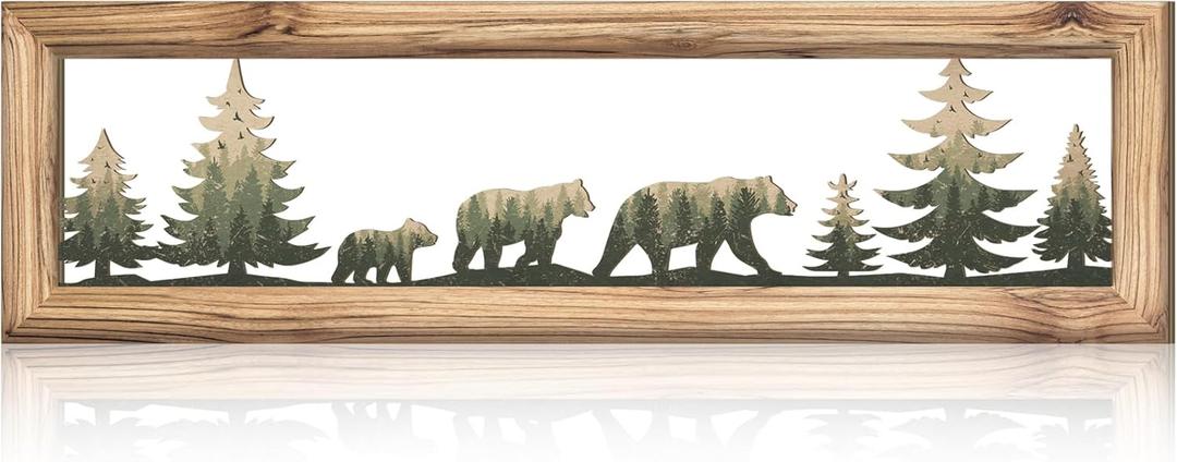 Wesiti Woodland Bear Wall Art 16 Inch Wood Frame Metal Rustic Forest Animal Wall Decor Farmhouse Lodge Cabin Picture Art Decor for Home Bedroom Living Room