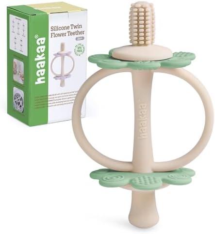 haakaa Silicone Baby Teething Toys,Nipple-Shaped End for Gum Massage,360° Baby Toothbrush Head for Self-Brushing Training,Easy to Grip-Pea Green