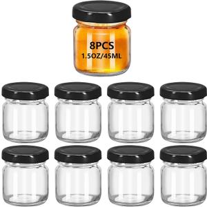8 Pcs Glass 1.5 oz Mini Clear Honey Jars for Wedding Favor, Baby Shower, 45ml Small Glass Favor with Airtight Lids, Gift Jars, Sample Body Butter, Jam, Spices, Herbs, Candy (Black lid, Mini)