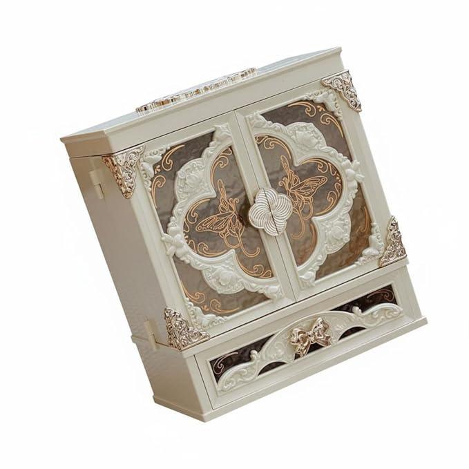 Large Capacity LED Makeup Organizer Mirror 3 Color Light Makeup Storage Cabinet Butterfly Design Vintage Cosmetic Box Dustproof for Women