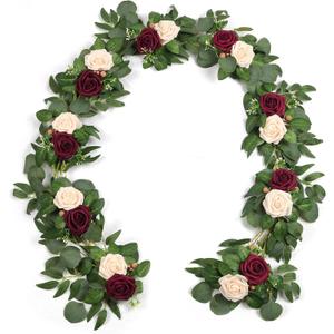 ponatia 6.5FT Handcrafted Artificial Rose Flower Garland, Eucalyptus Greenery Garland for Wedding Ceremony Garlands Backdrop Arch Flowers, Reception Table Decorations (Burgundy & Ivory Cream)