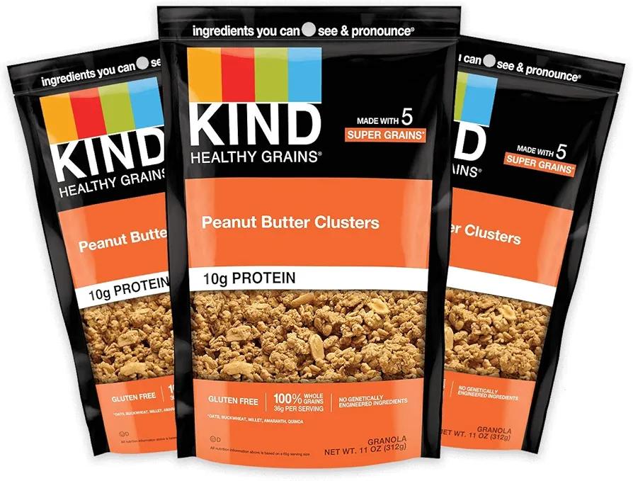 KIND Healthy Grains Granola, Peanut Butter Clusters, Healthy Snacks, Gluten Free, 100% Whole Grains, 10g Protein, 11oz, 3 Count Exp. 02/11/2026