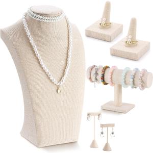 Kigley 6 Pcs Jewelry Display Set Necklace Bust T Bar Bracelet Holder Earring Ring Finger Display jewelry Stand for vendors Selling Store Trade Show(Linen)