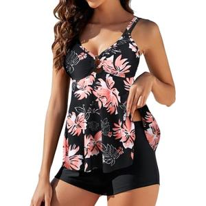 SEAFORM Women's Tankini Swimsuits Two-Piece Tummy Control Bathing Suits V-Neck Printing Swim Dress for Women with Boyshorts, Size L