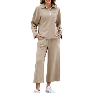 AGSEEM Lounge Sets for Women, Women's 2 Piece Outfits Long Sleeve 1/4 Zip Pullover Cropped Pants 2PC Outfit Comfy Sweatsuits (Khaki), Large